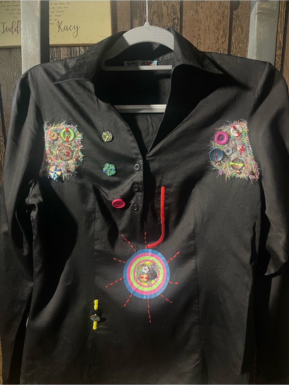 Black Embroidered Button-Down Women's Shirt with Colorful Accents